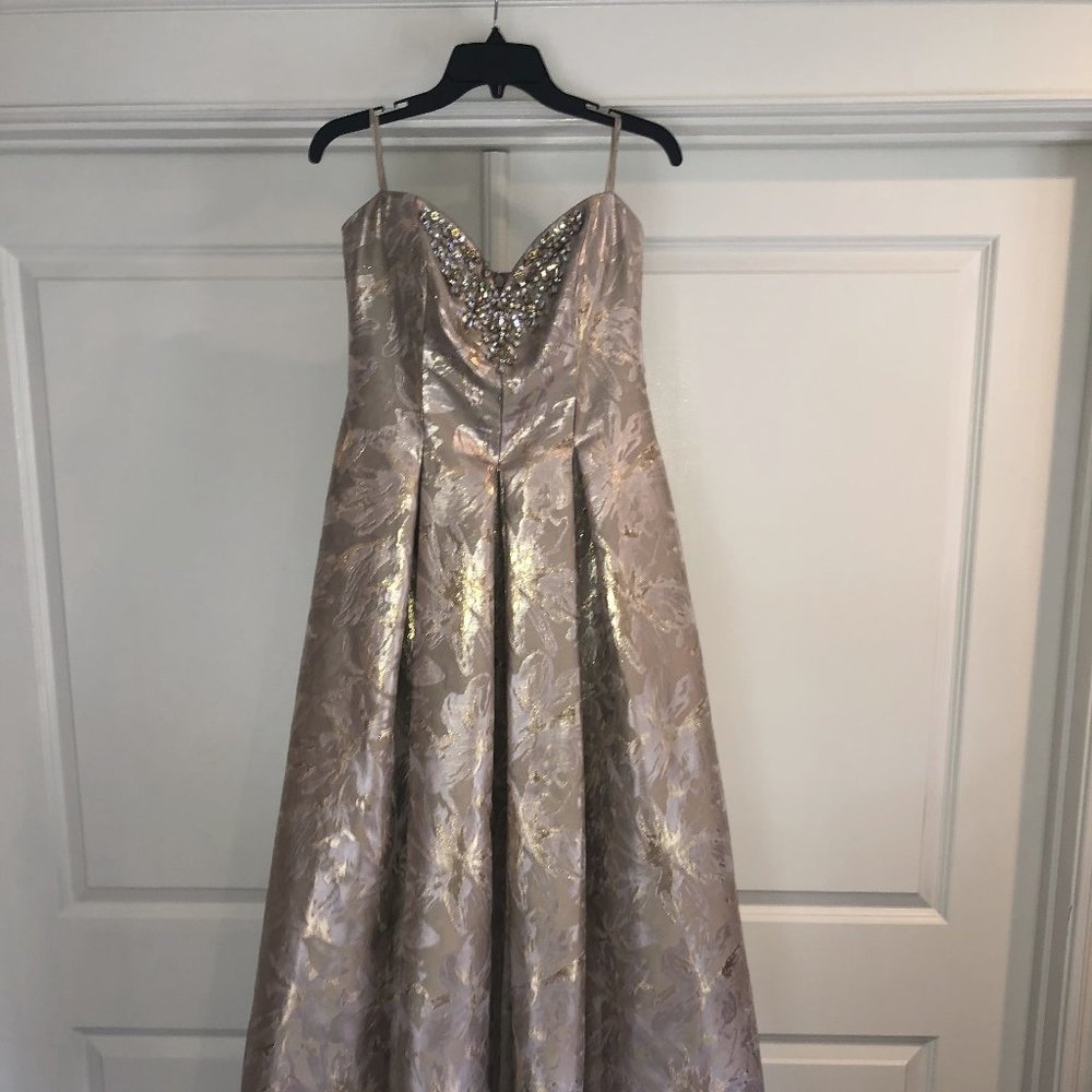 Eliza J Strapless Gold Brocade Formal Gown Prom